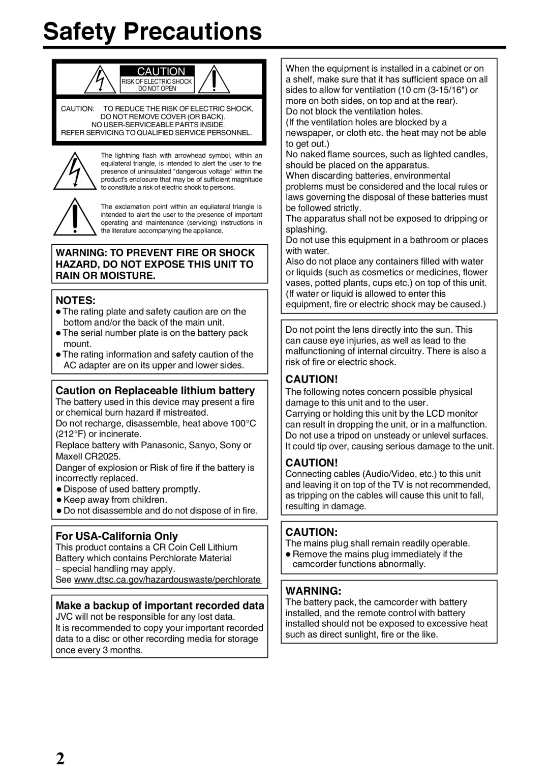 JVC GZ-E200 manual Safety Precautions, For USA-California Only, Make a backup of important recorded data 