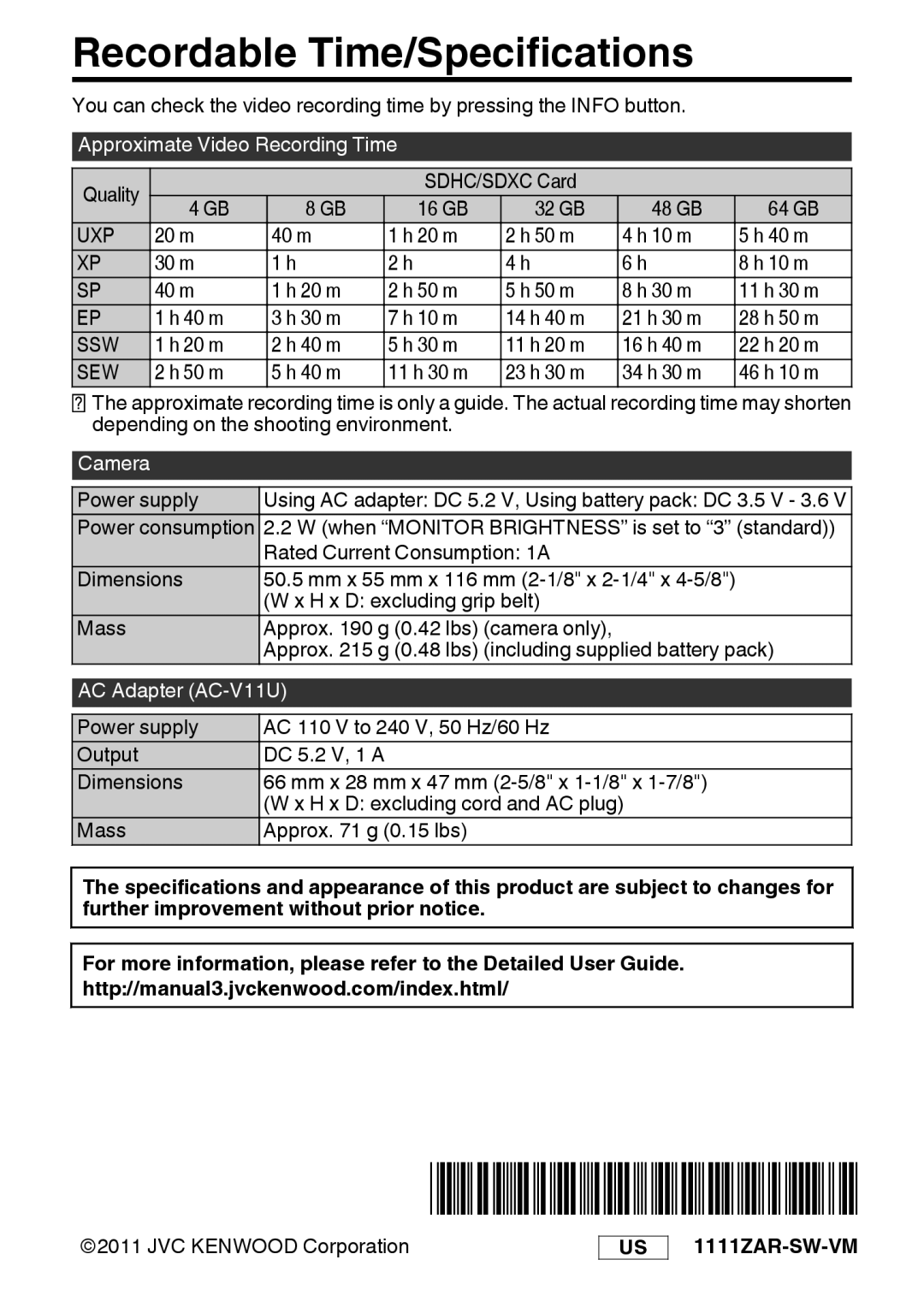 JVC GZ-E200 manual Recordable Time/Specifications, Camera, AC Adapter AC-V11U 