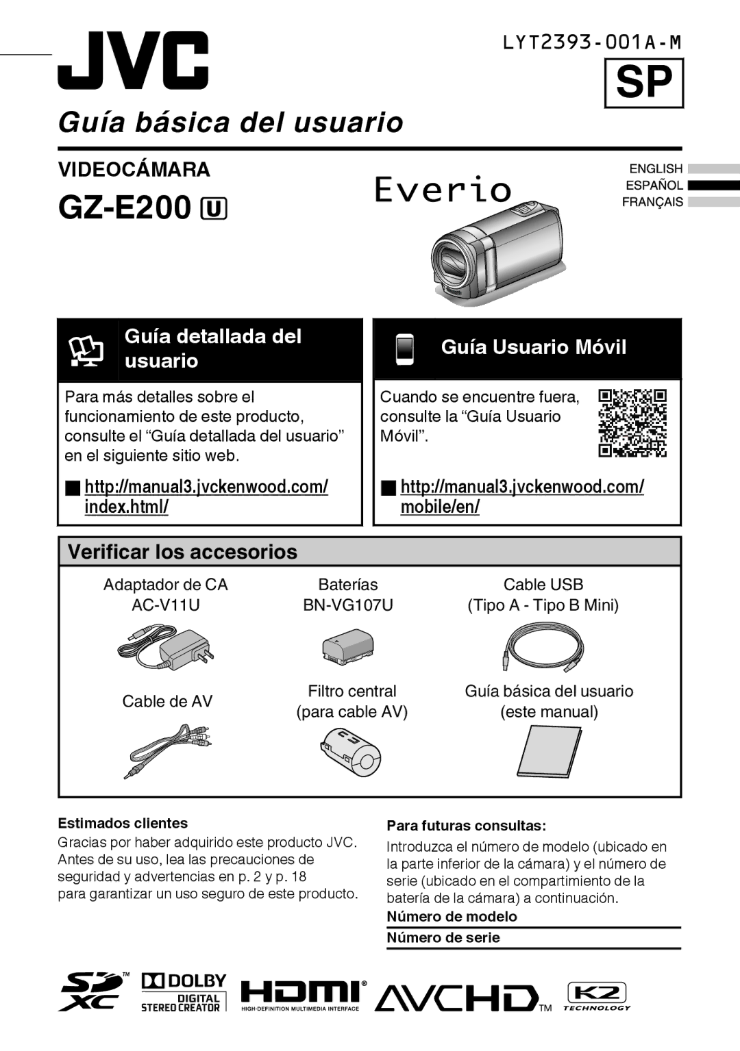 JVC GZ-E200 manual Cuando se encuentre fuera, consulte la Guía Usuario Móvil, Cable USB, BN-VG107U Tipo a Tipo B Mini 