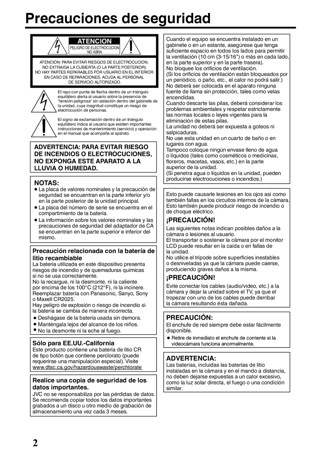 JVC GZ-E200 manual Precauciones de seguridad, Precaución relacionada con la batería de litio recambiable 