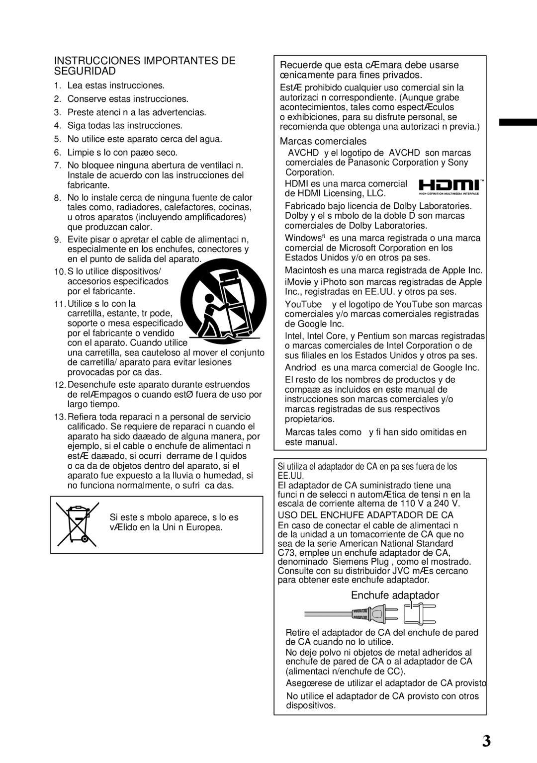 JVC GZ-E200 manual Instrucciones Importantes DE Seguridad, Marcas comerciales, Enchufe adaptador 