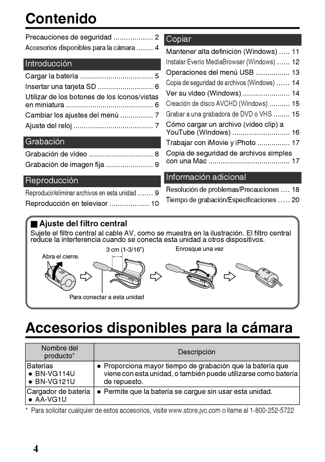 JVC GZ-E200 manual Contenido, Accesorios disponibles para la cámara, OAjuste del filtro central 