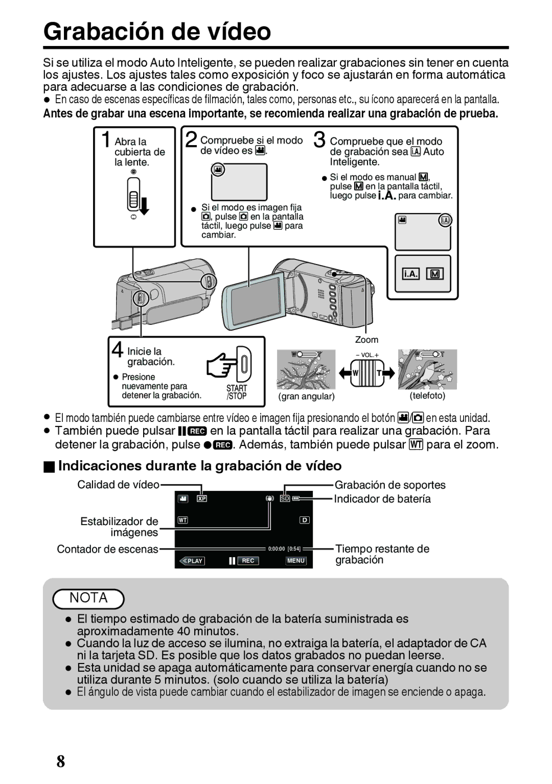 JVC GZ-E200 manual Grabación de vídeo, OIndicaciones durante la grabación de vídeo, Calidad de vídeo, Indicador de batería 