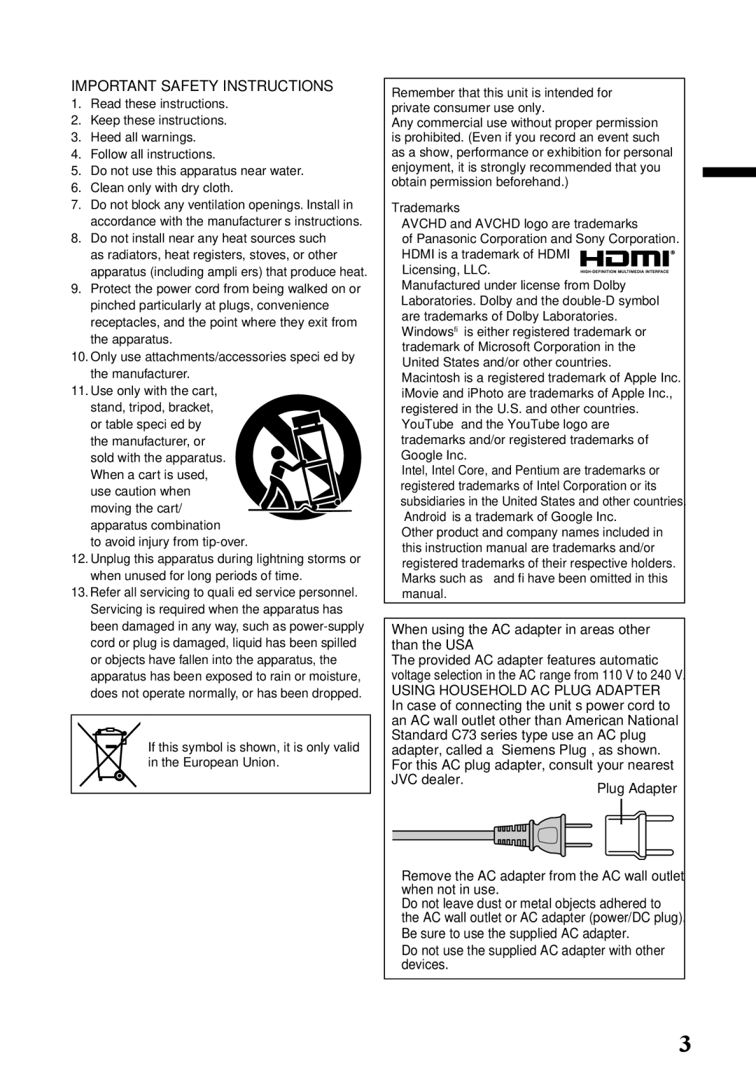 JVC GZ-E200 manual Important Safety Instructions, When using the AC adapter in areas other than the USA, JVC dealer 