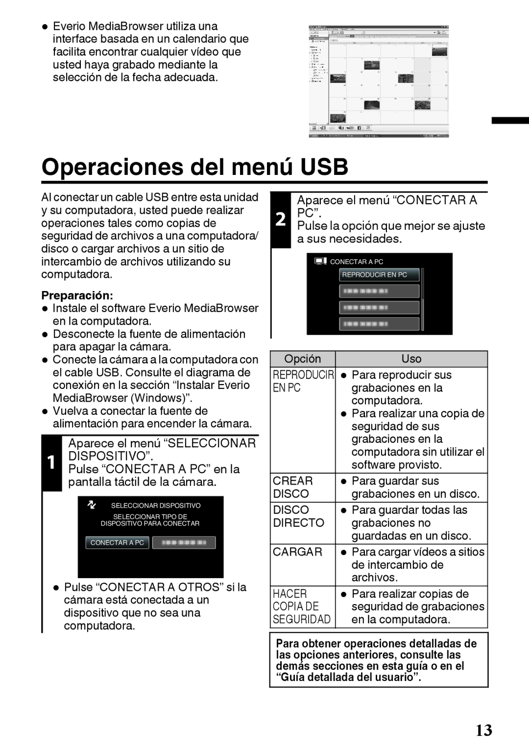 JVC GZ-E200 manual Operaciones del menú USB 