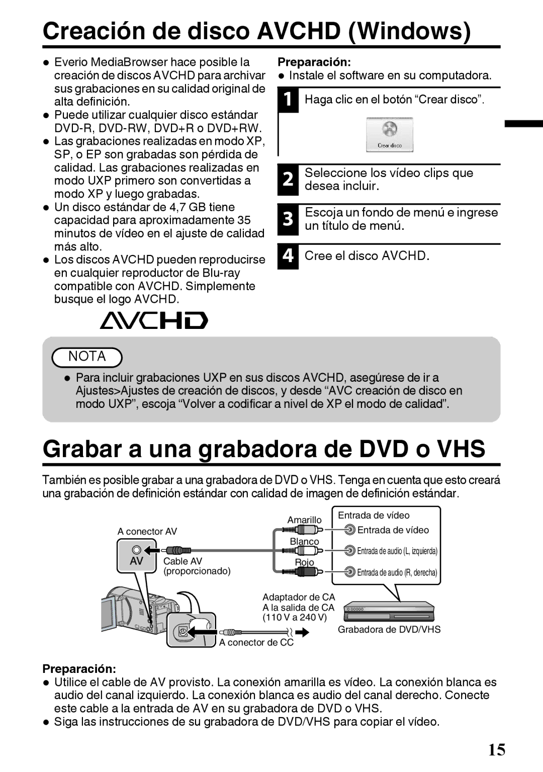 JVC GZ-E200 Creación de disco Avchd Windows, Grabar a una grabadora de DVD o VHS, Grabadora de DVD/VHS Conector de CC 