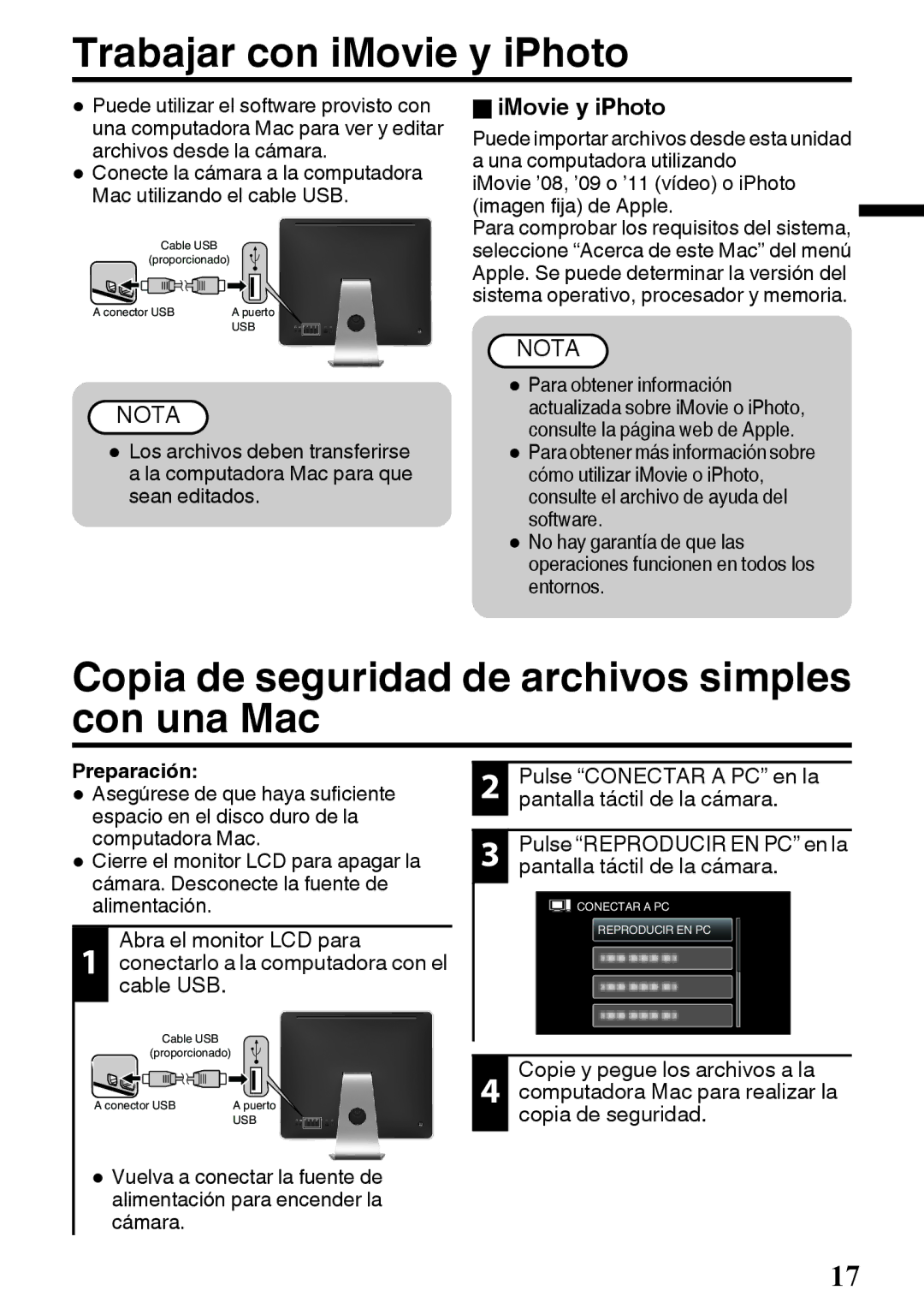 JVC GZ-E200 manual Trabajar con iMovie y iPhoto, Copia de seguridad de archivos simples con una Mac, OiMovie y iPhoto 