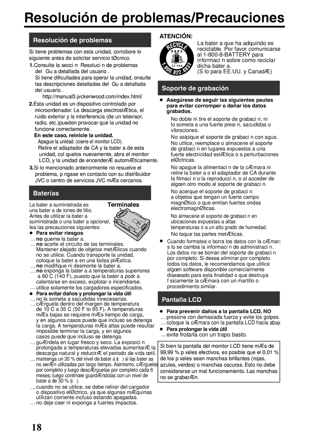 JVC GZ-E200 manual Resolución de problemas/Precauciones, Terminales, Atención 