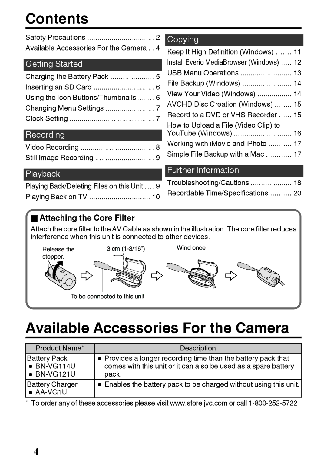 JVC GZ-E200 manual Contents, Available Accessories For the Camera 