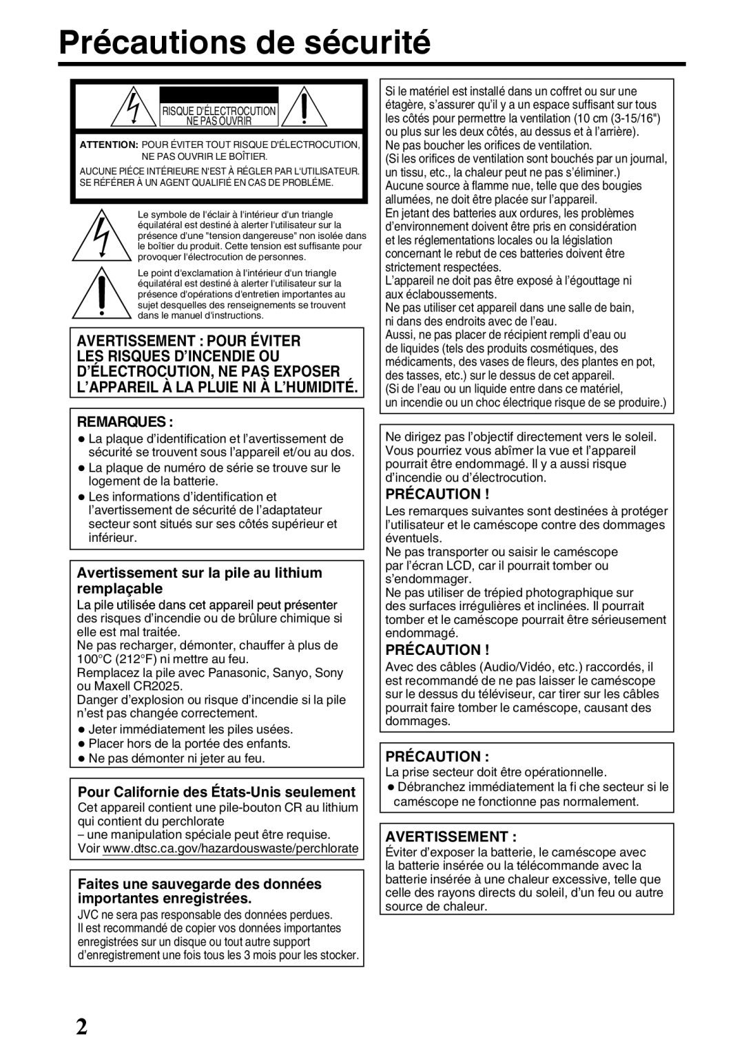 JVC GZ-E200 manual Précautions de sécurité, Remarques, Avertissement 