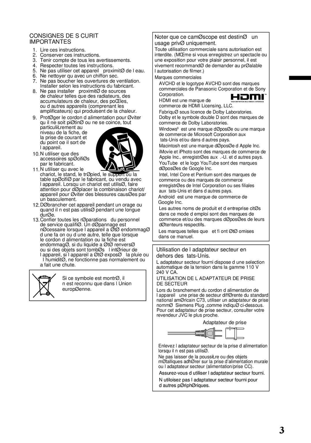 JVC GZ-E200 manual Consignes DE Sécurité Importantes, Utilisation de l’adaptateur secteur en dehors des États-Unis 