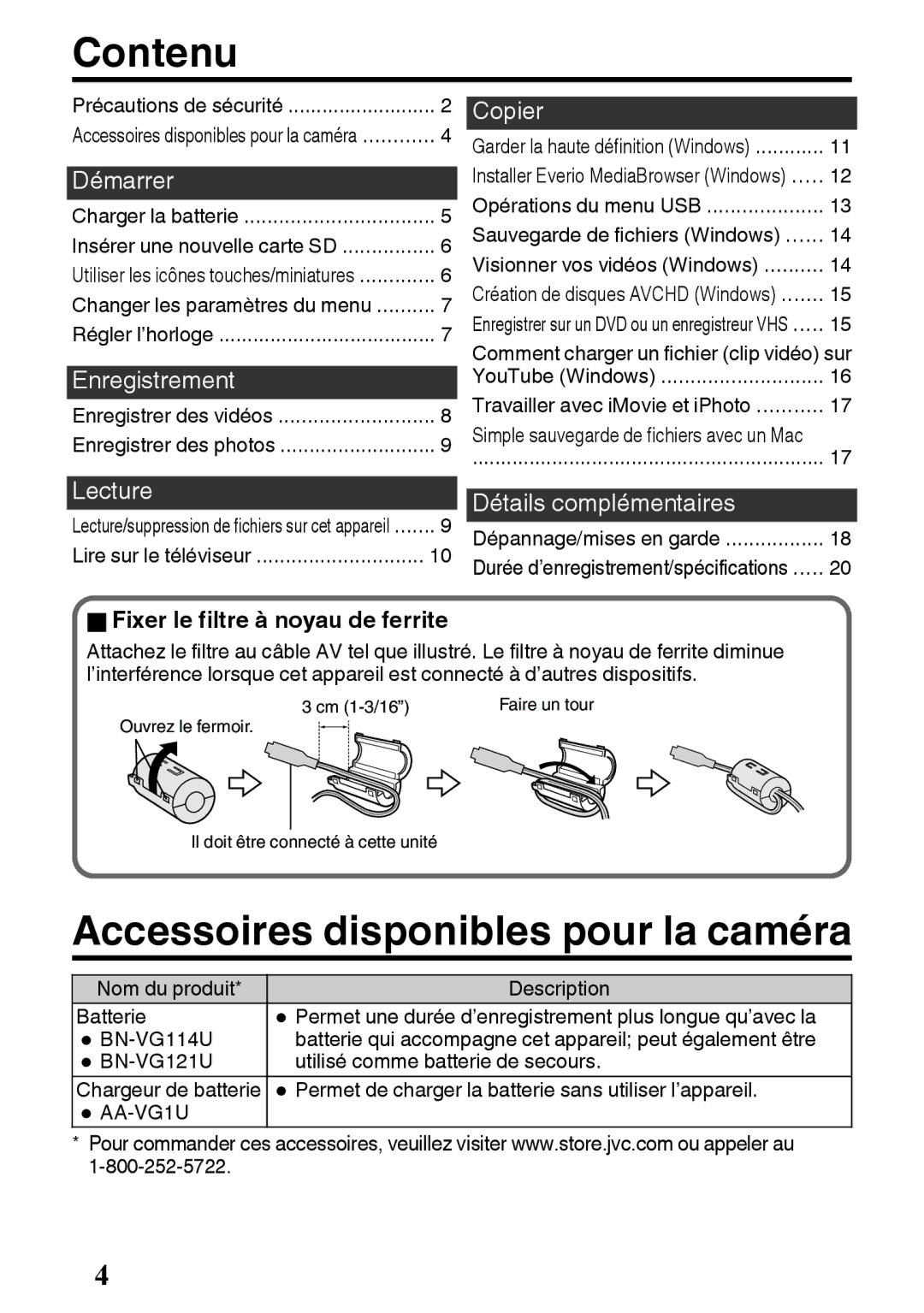 JVC GZ-E200 manual Contenu, Accessoires disponibles pour la caméra, OFixer le filtre à noyau de ferrite 