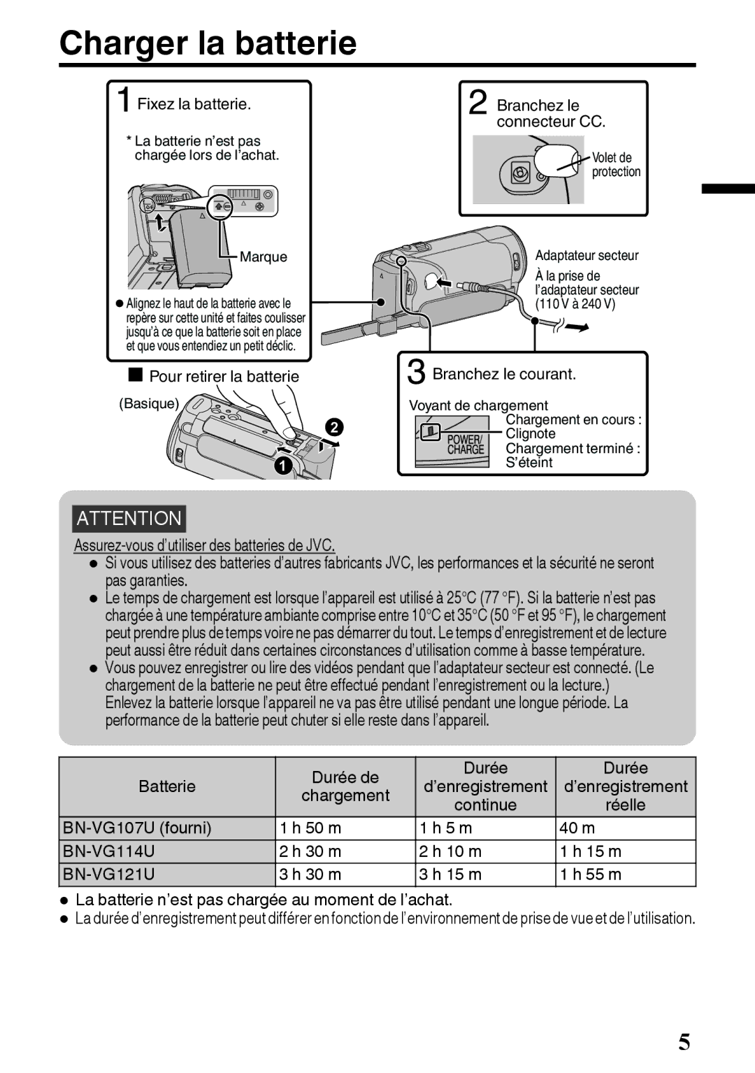 JVC GZ-E200 manual Charger la batterie 