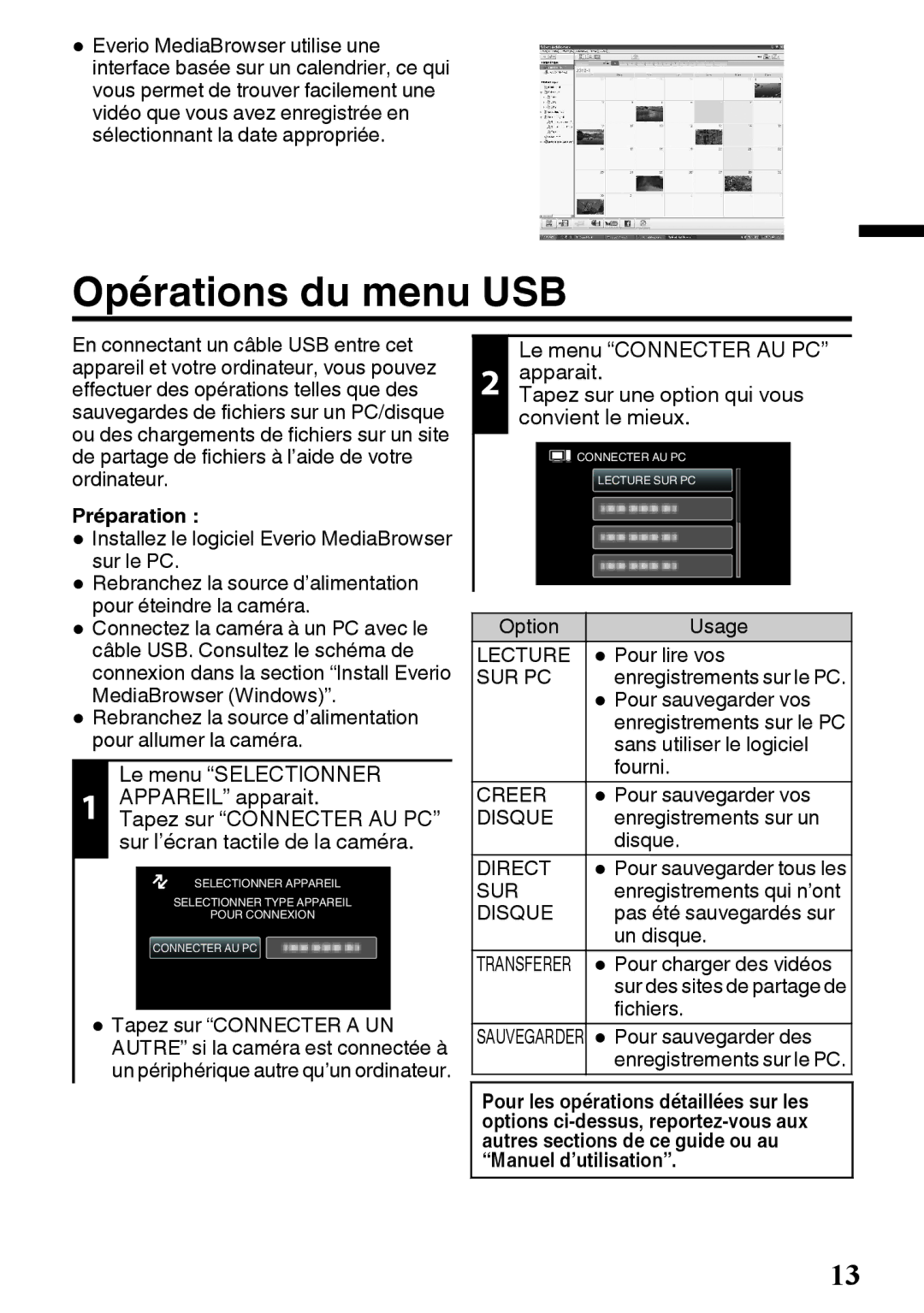 JVC GZ-E200 manual Opérations du menu USB 