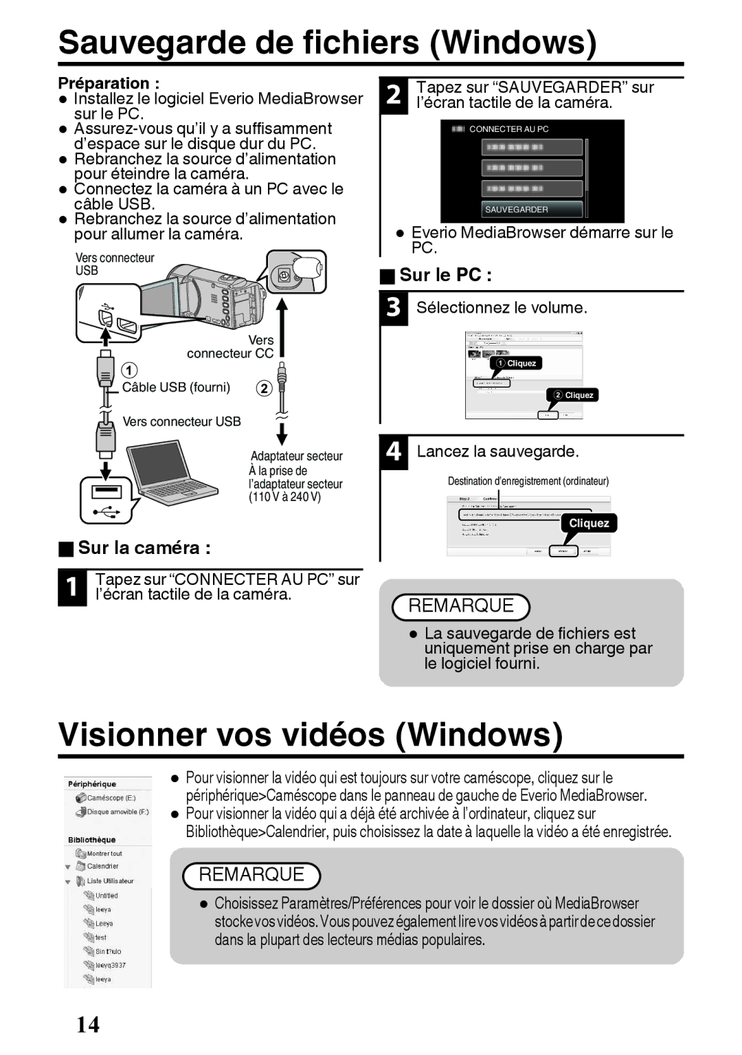 JVC GZ-E200 manual Sauvegarde de fichiers Windows, Visionner vos vidéos Windows 