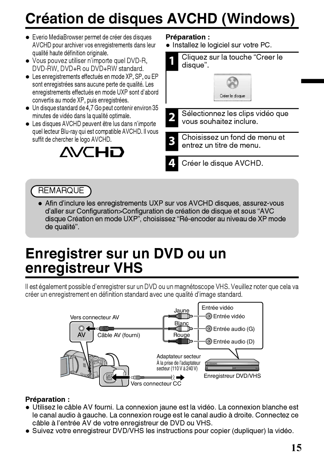 JVC GZ-E200 manual Création de disques Avchd Windows, Enregistrer sur un DVD ou un enregistreur VHS 