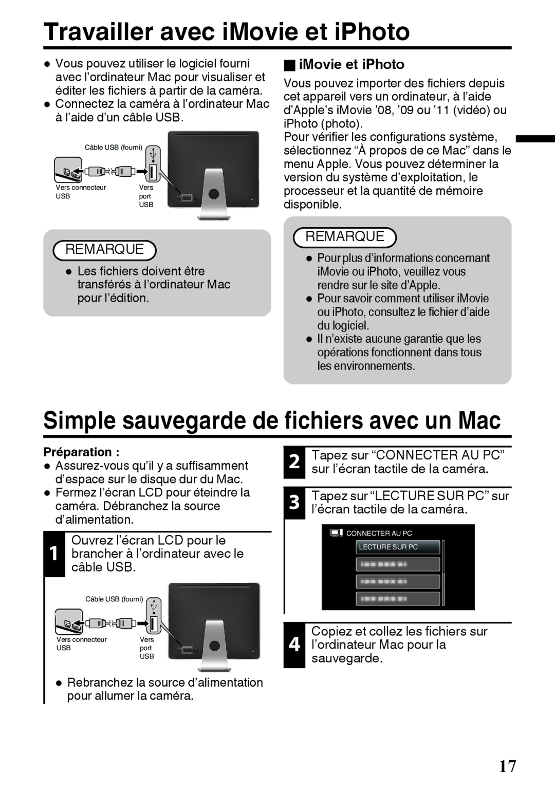 JVC GZ-E200 manual Travailler avec iMovie et iPhoto, Simple sauvegarde de fichiers avec un Mac, OiMovie et iPhoto 