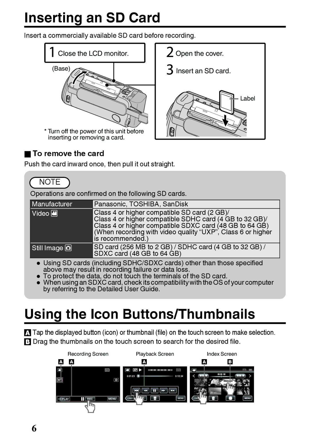 JVC GZ-E200 Inserting an SD Card, Using the Icon Buttons/Thumbnails, OTo remove the card, Base Insert an SD card Label 