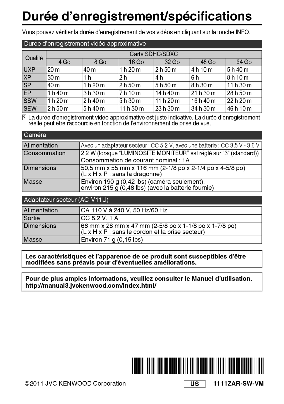 JVC GZ-E200 manual Durée d’enregistrement/spécifications, Caméra, Adaptateur secteur AC-V11U 