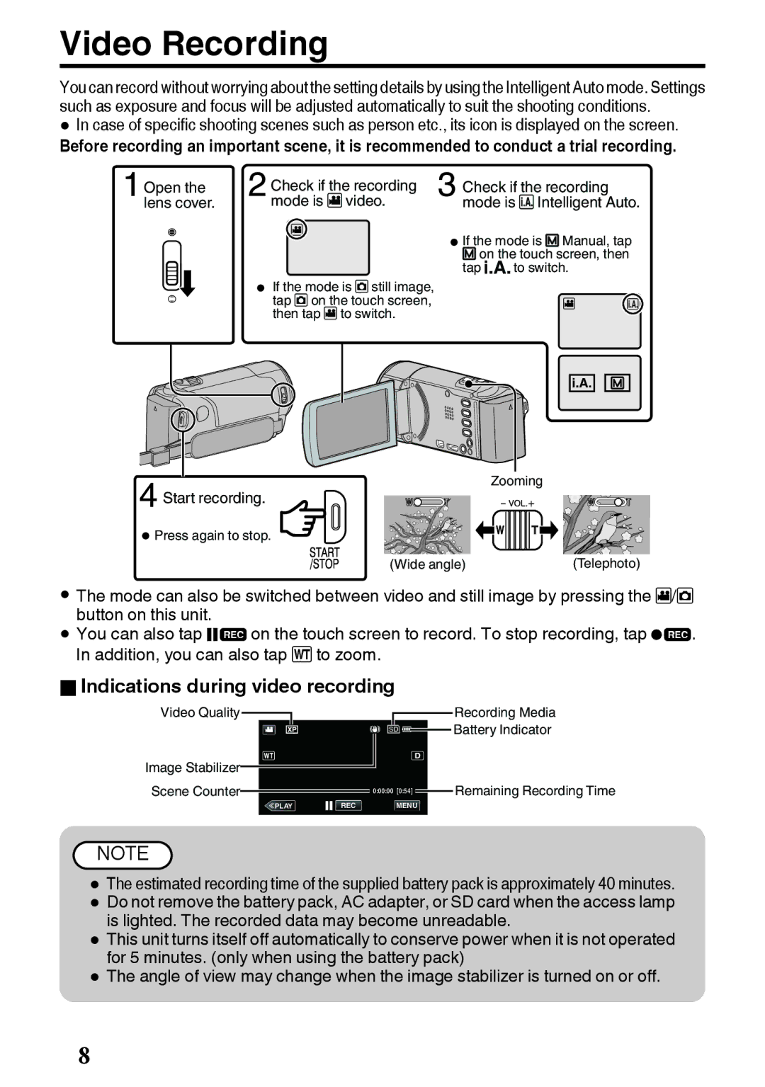 JVC GZ-E200 manual Video Recording, OIndications during video recording 