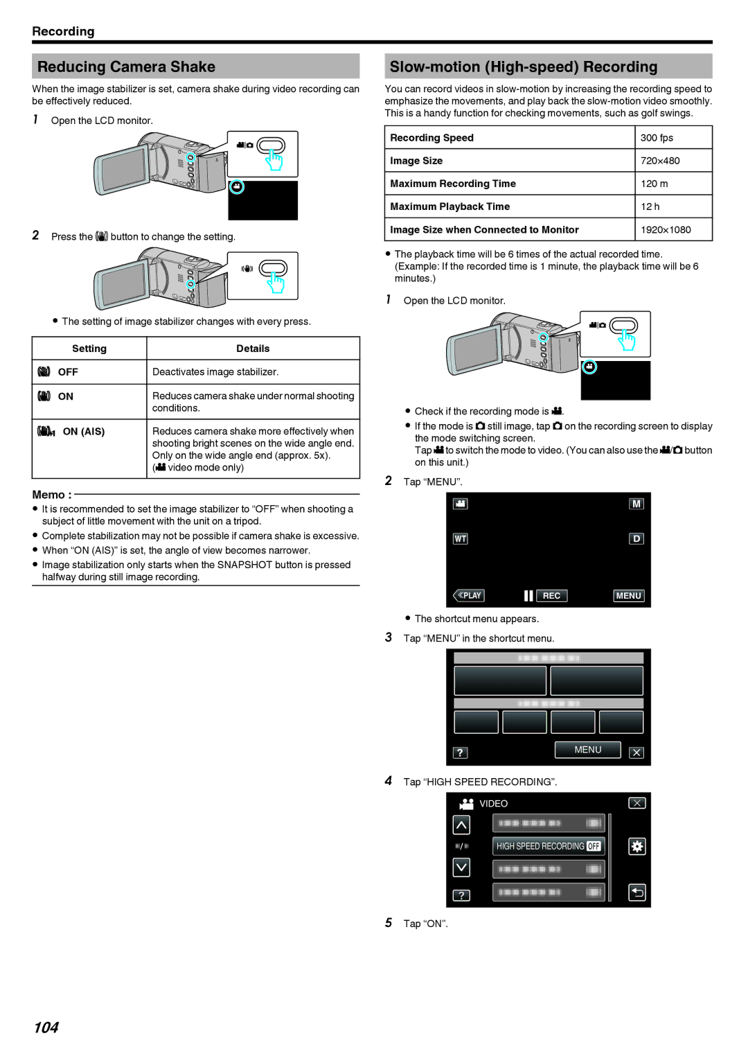 JVC GZ-EX215, GZ-EX210, GZ-EX250 manual Reducing Camera Shake, Slow-motion High-speed Recording, 104 