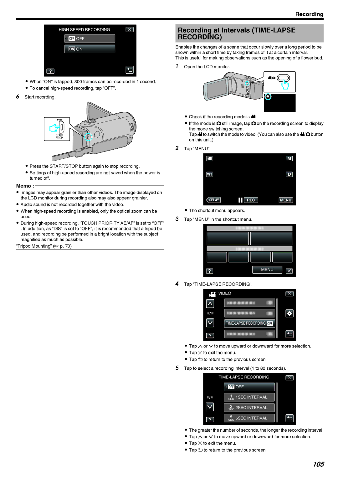 JVC GZ-EX210, GZ-EX250, GZ-EX215 manual Recording at Intervals TIME-LAPSE Recording, 105, Tap TIME-LAPSE Recording 