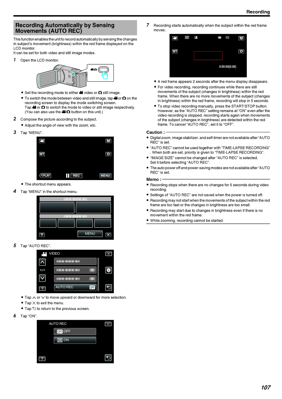 JVC GZ-EX215, GZ-EX210, GZ-EX250 manual Recording Automatically by Sensing Movements Auto REC, 107, Tap Auto REC 