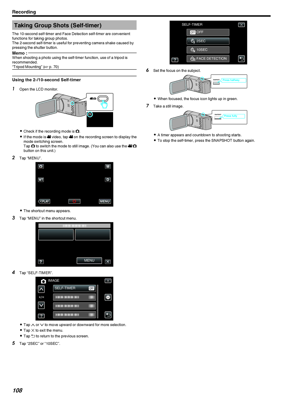JVC GZ-EX210, GZ-EX250, GZ-EX215 manual Taking Group Shots Self-timer, 108, Using the 2-/10-second Self-timer, Tap SELF-TIMER 