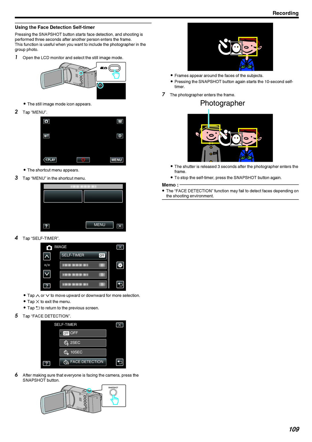 JVC GZ-EX250, GZ-EX210, GZ-EX215 manual 109, Using the Face Detection Self-timer 