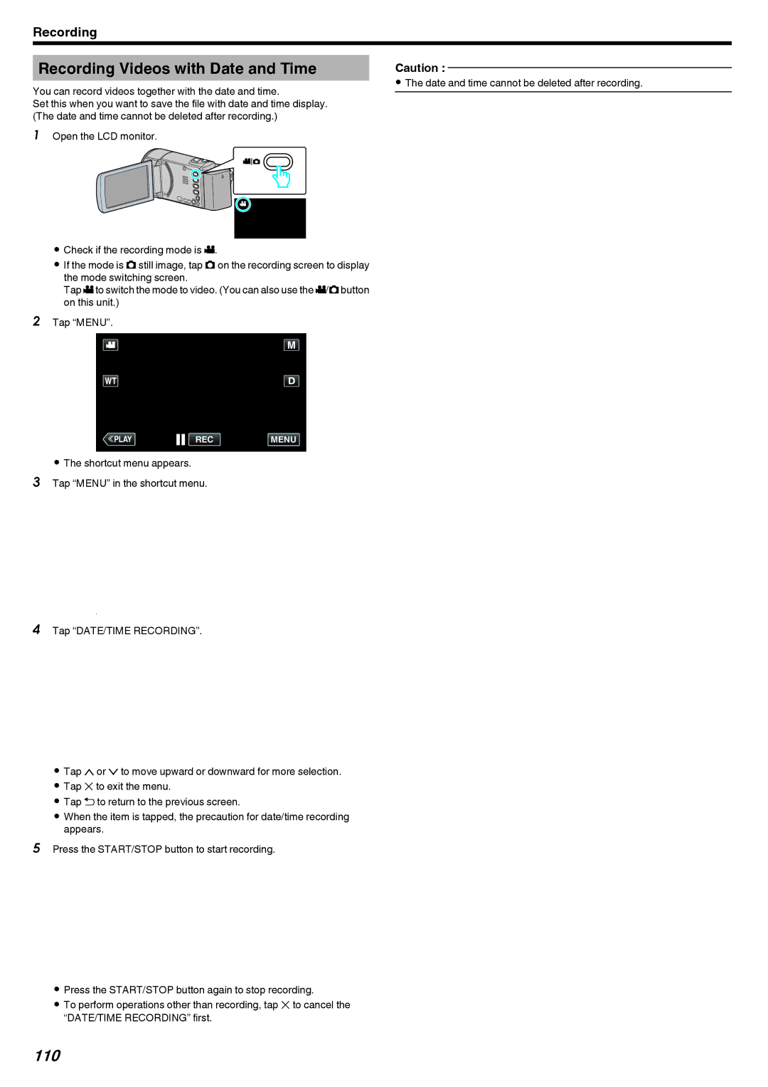 JVC GZ-EX215, GZ-EX210, GZ-EX250 manual Recording Videos with Date and Time, 110, Tap DATE/TIME Recording 