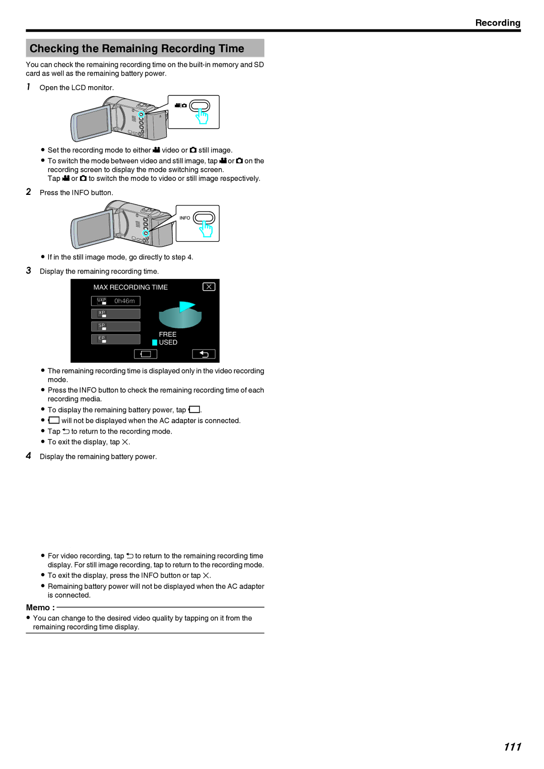 JVC GZ-EX210, GZ-EX250, GZ-EX215 manual Checking the Remaining Recording Time, 111 