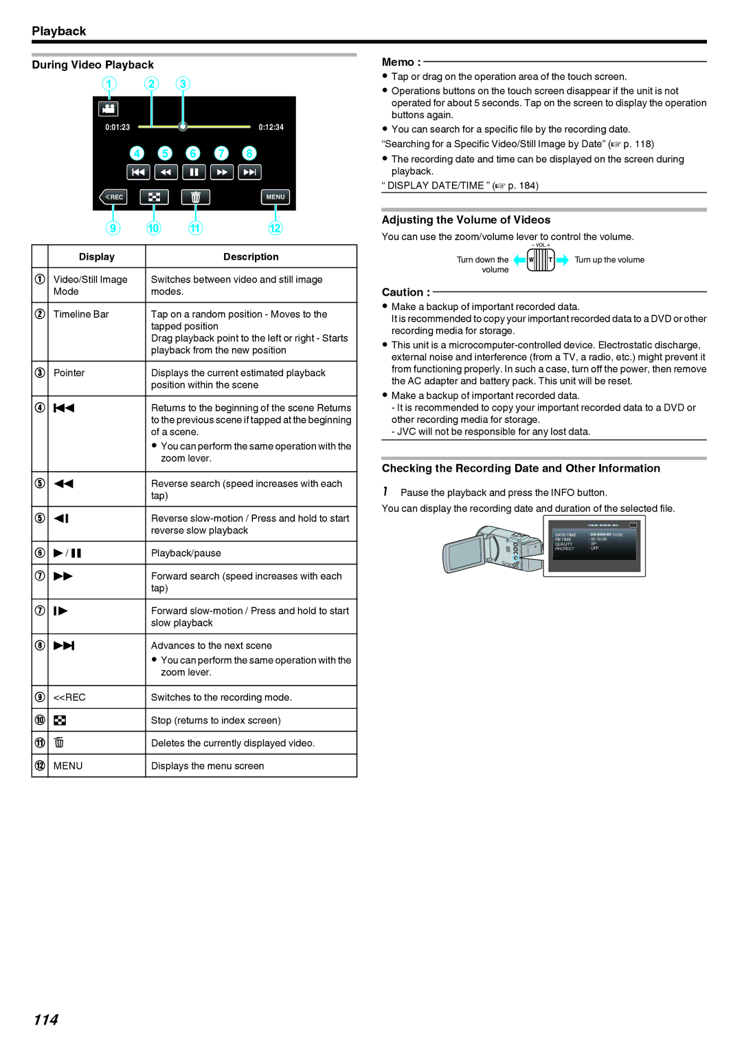 JVC GZ-EX210 114, During Video Playback, Adjusting the Volume of Videos, Checking the Recording Date and Other Information 