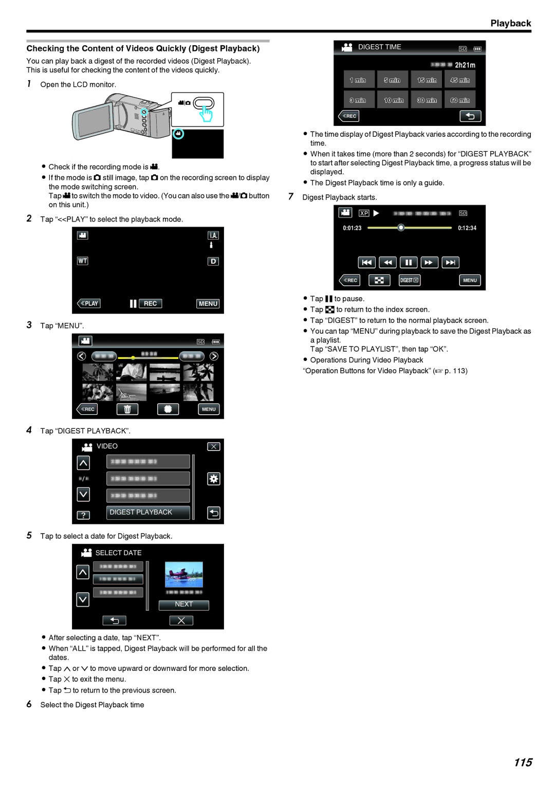 JVC GZ-EX250, GZ-EX210, GZ-EX215 manual 115, Checking the Content of Videos Quickly Digest Playback, Tap Digest Playback 