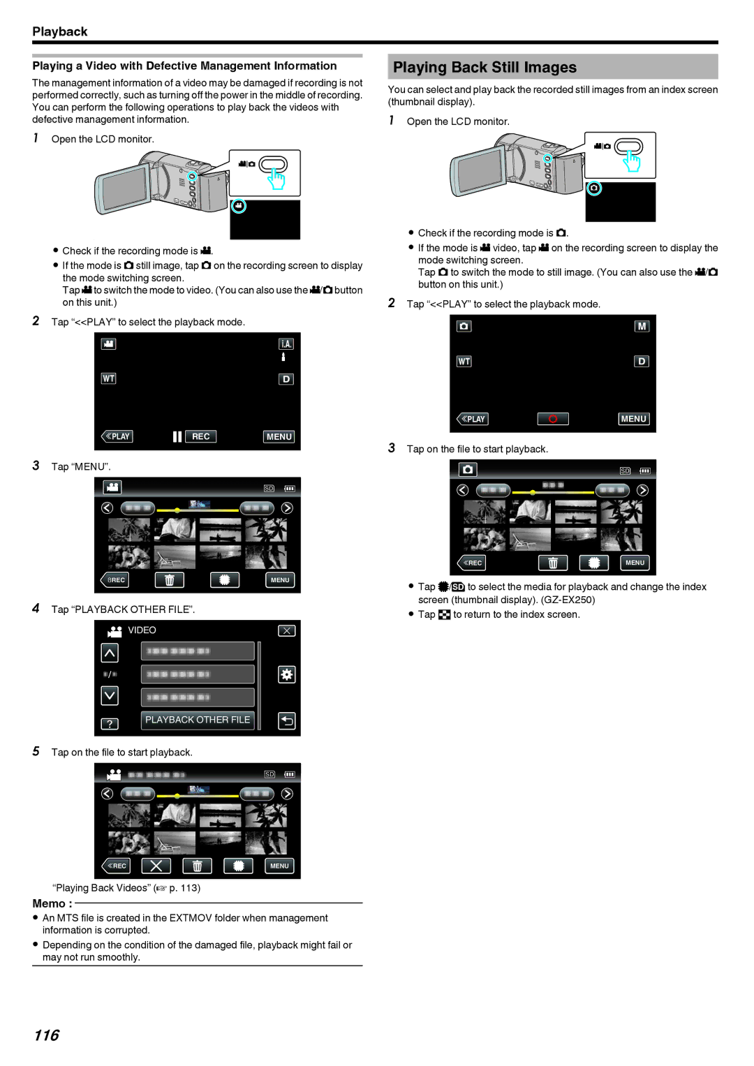 JVC GZ-EX215, GZ-EX210, GZ-EX250 manual Playing Back Still Images, 116, Playing a Video with Defective Management Information 