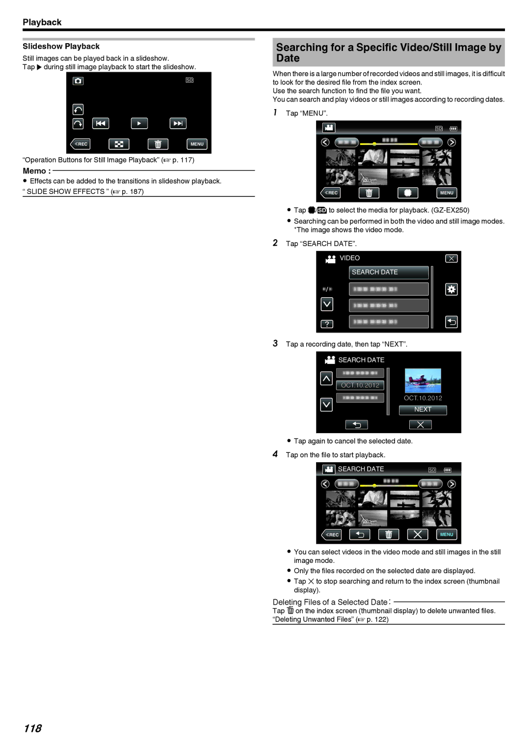 JVC GZ-EX250, GZ-EX210, GZ-EX215 manual Searching for a Specific Video/Still Image by Date, 118, Slideshow Playback 