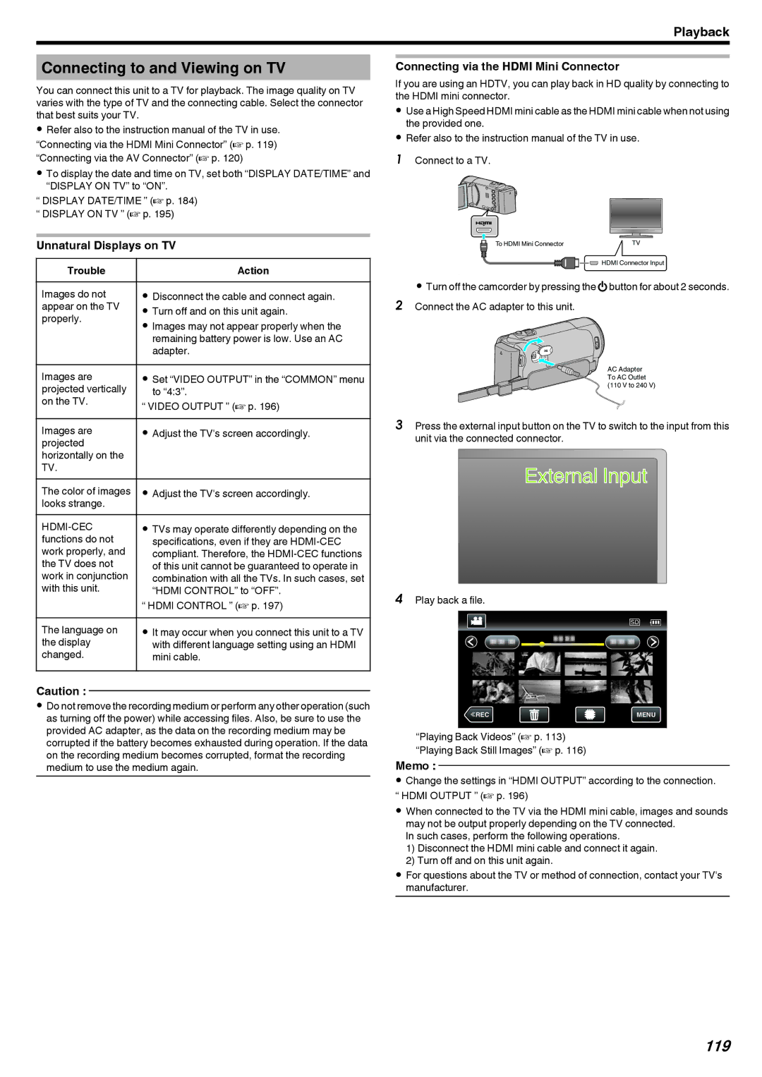 JVC GZ-EX215 manual Connecting to and Viewing on TV, 119, Unnatural Displays on TV, Connecting via the Hdmi Mini Connector 