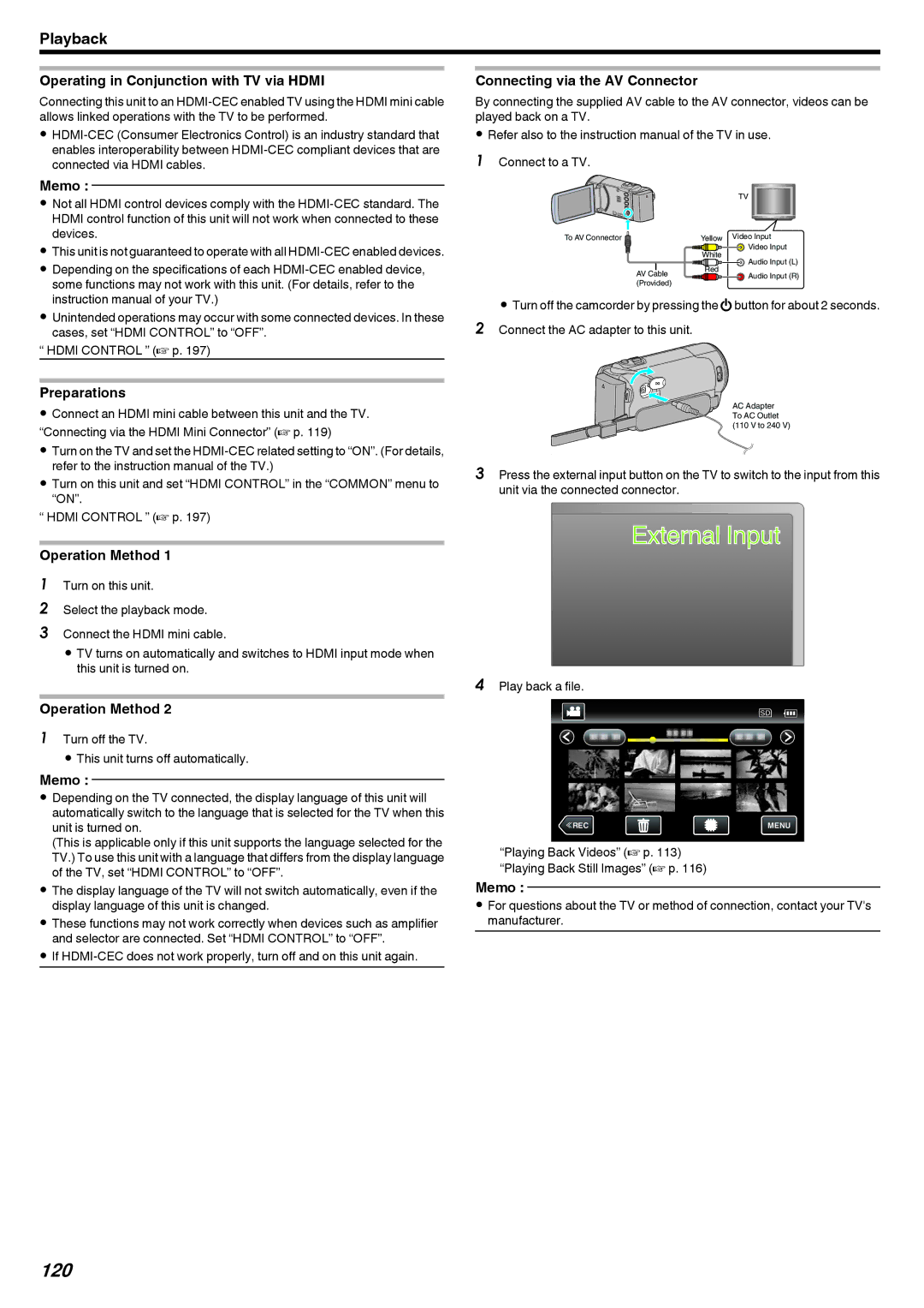 JVC GZ-EX210, GZ-EX250 manual 120, Operating in Conjunction with TV via Hdmi, Preparations, Connecting via the AV Connector 