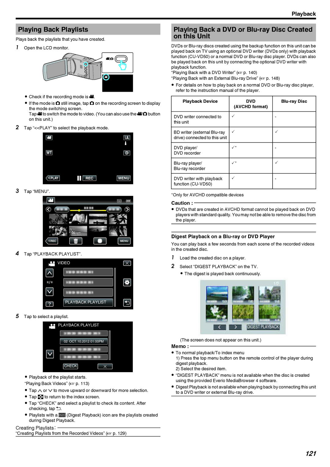 JVC GZ-EX250, GZ-EX210, GZ-EX215 manual Playing Back Playlists, Playing Back a DVD or Blu-ray Disc Created on this Unit, 121 