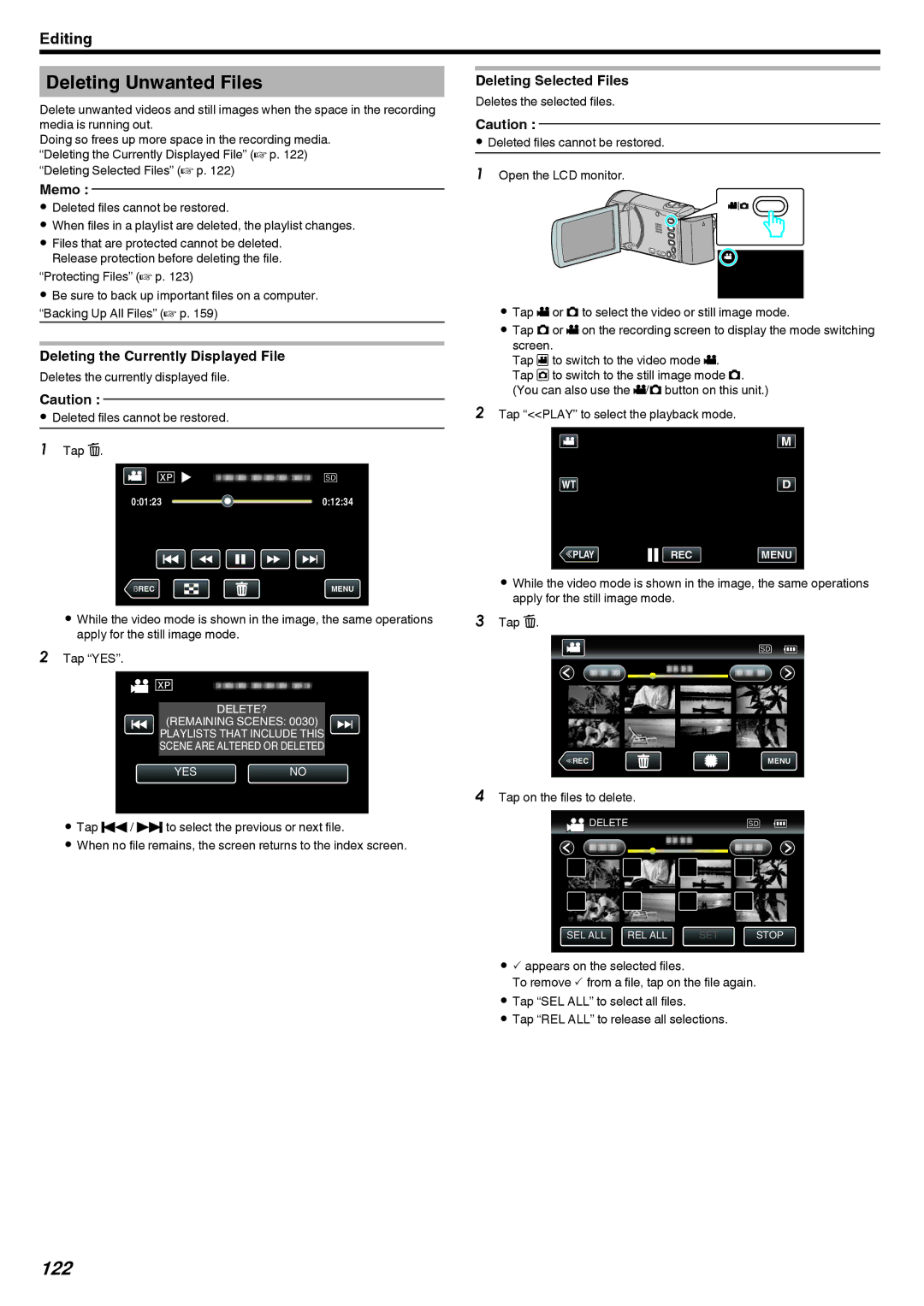 JVC GZ-EX215, GZ-EX210 manual Deleting Unwanted Files, 122, Deleting the Currently Displayed File, Deleting Selected Files 