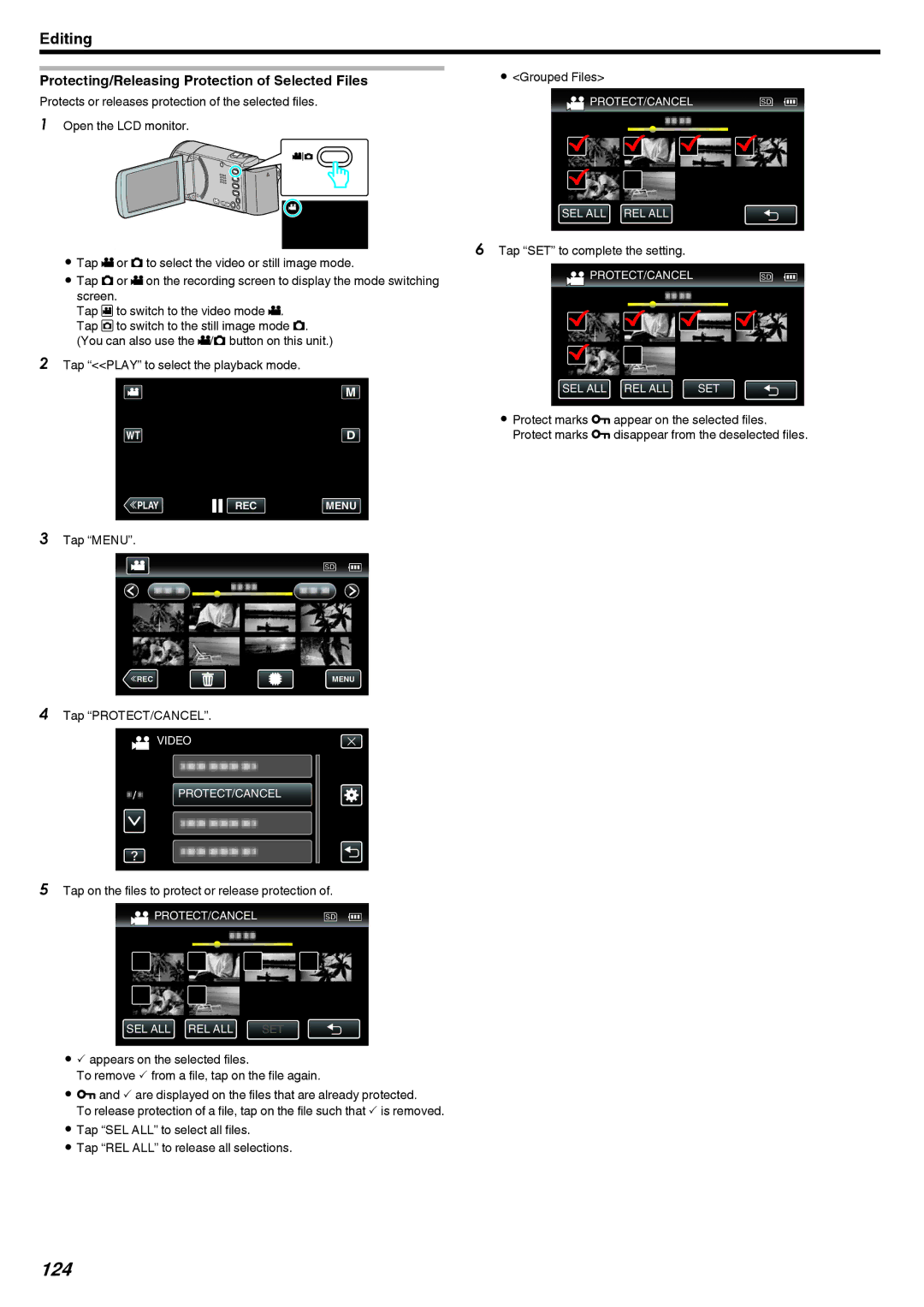 JVC GZ-EX250 124, Protecting/Releasing Protection of Selected Files, Protects or releases protection of the selected files 