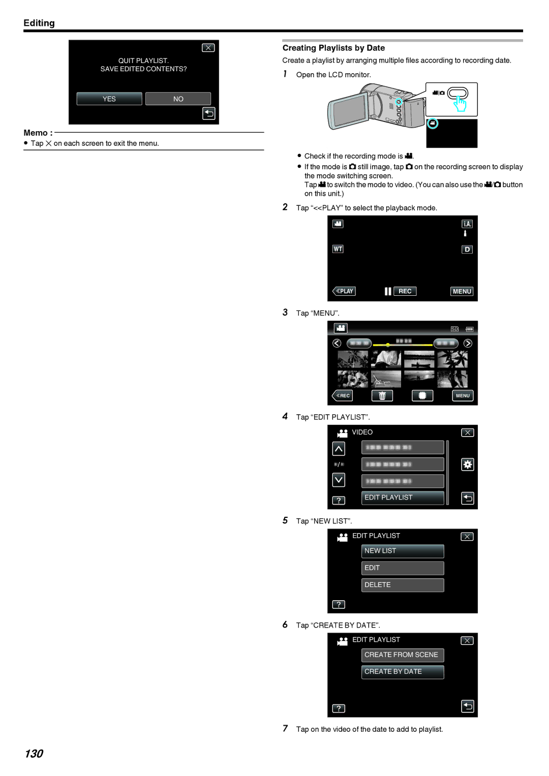 JVC GZ-EX250, GZ-EX210, GZ-EX215 130, Creating Playlists by Date, Tap L on each screen to exit the menu, Tap Create by Date 