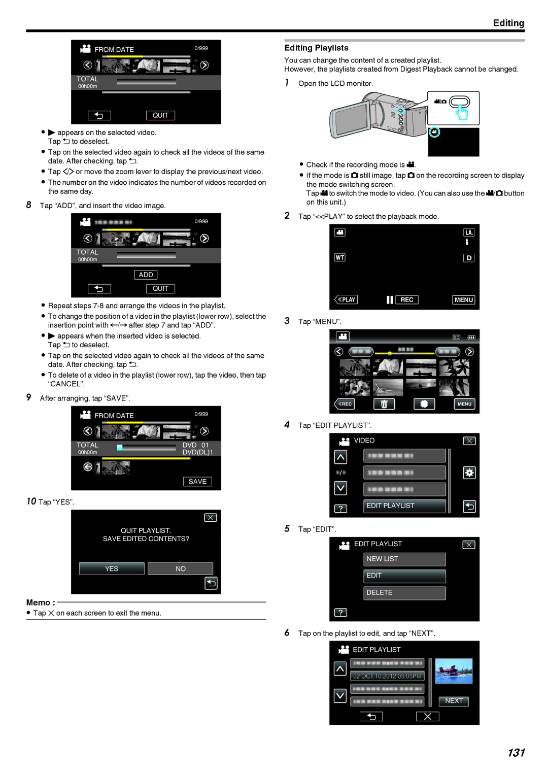 JVC GZ-EX215, GZ-EX210, GZ-EX250 manual 131, Editing Playlists, Tap on the playlist to edit, and tap Next 