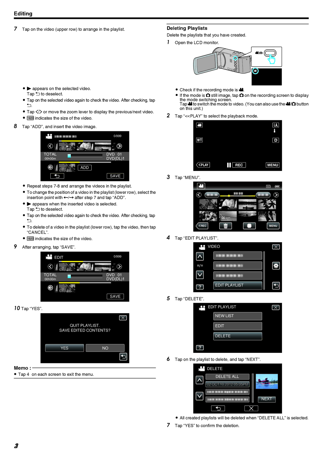 JVC GZ-EX210, GZ-EX250, GZ-EX215 132, Deleting Playlists, Tap on the video upper row to arrange in the playlist, Tap Delete 