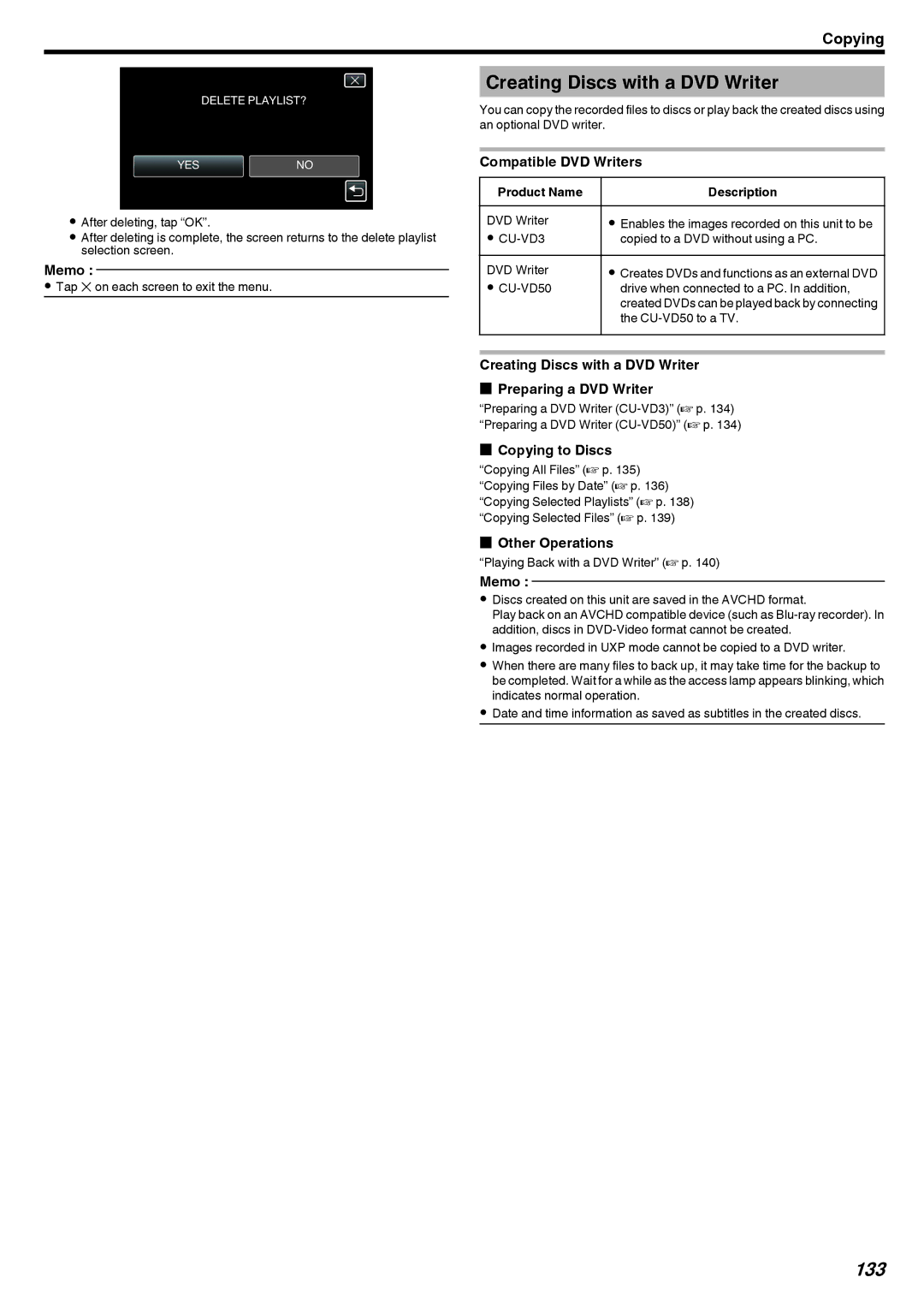 JVC GZ-EX250, GZ-EX210, GZ-EX215 manual Creating Discs with a DVD Writer, 133 