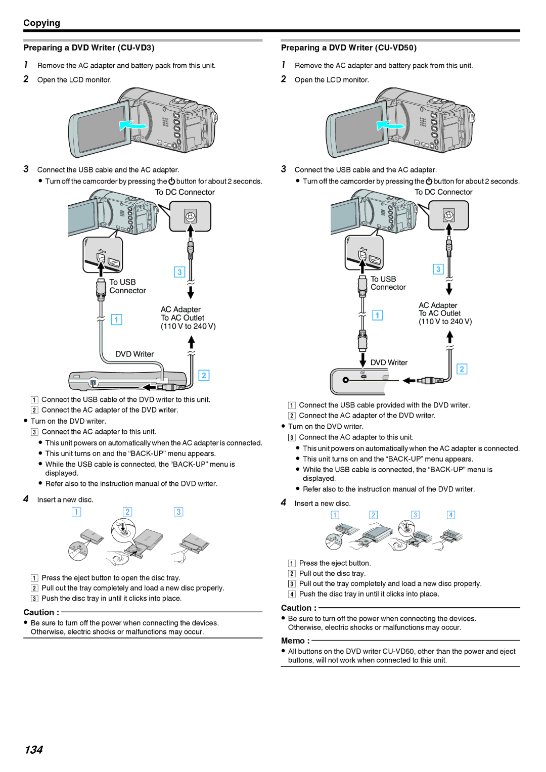 JVC GZ-EX215, GZ-EX210, GZ-EX250 manual 134, Preparing a DVD Writer CU-VD3, Preparing a DVD Writer CU-VD50 