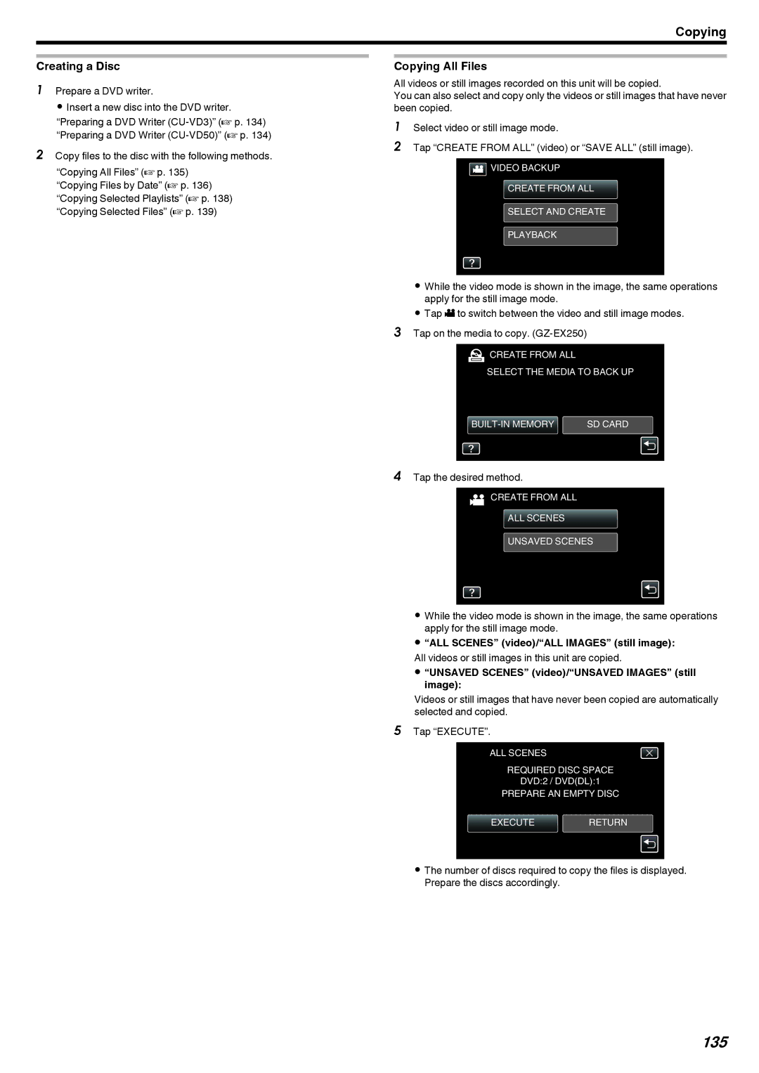 JVC GZ-EX210, GZ-EX250, GZ-EX215 manual 135, Creating a Disc, Copying All Files, ALL Scenes video/ALL Images still image 