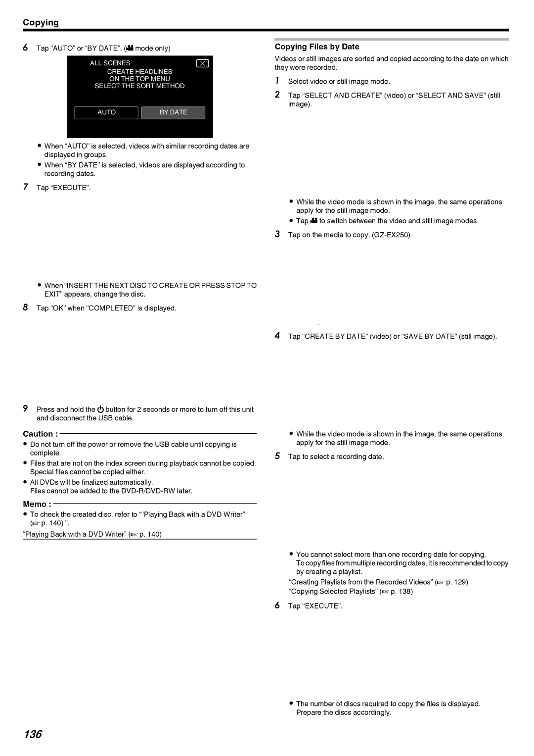 JVC GZ-EX250, GZ-EX210, GZ-EX215 manual 136, Copying Files by Date, Tap Auto or by DATE. a mode only 