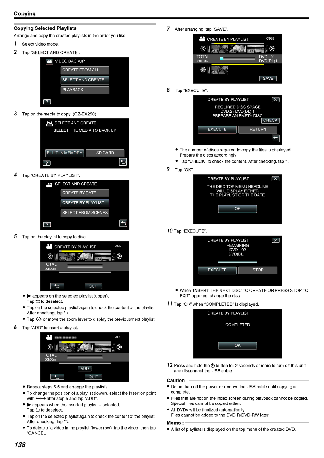 JVC GZ-EX210, GZ-EX250 manual 138, Copying Selected Playlists, Tap Create by Playlist, Tap on the playlist to copy to disc 