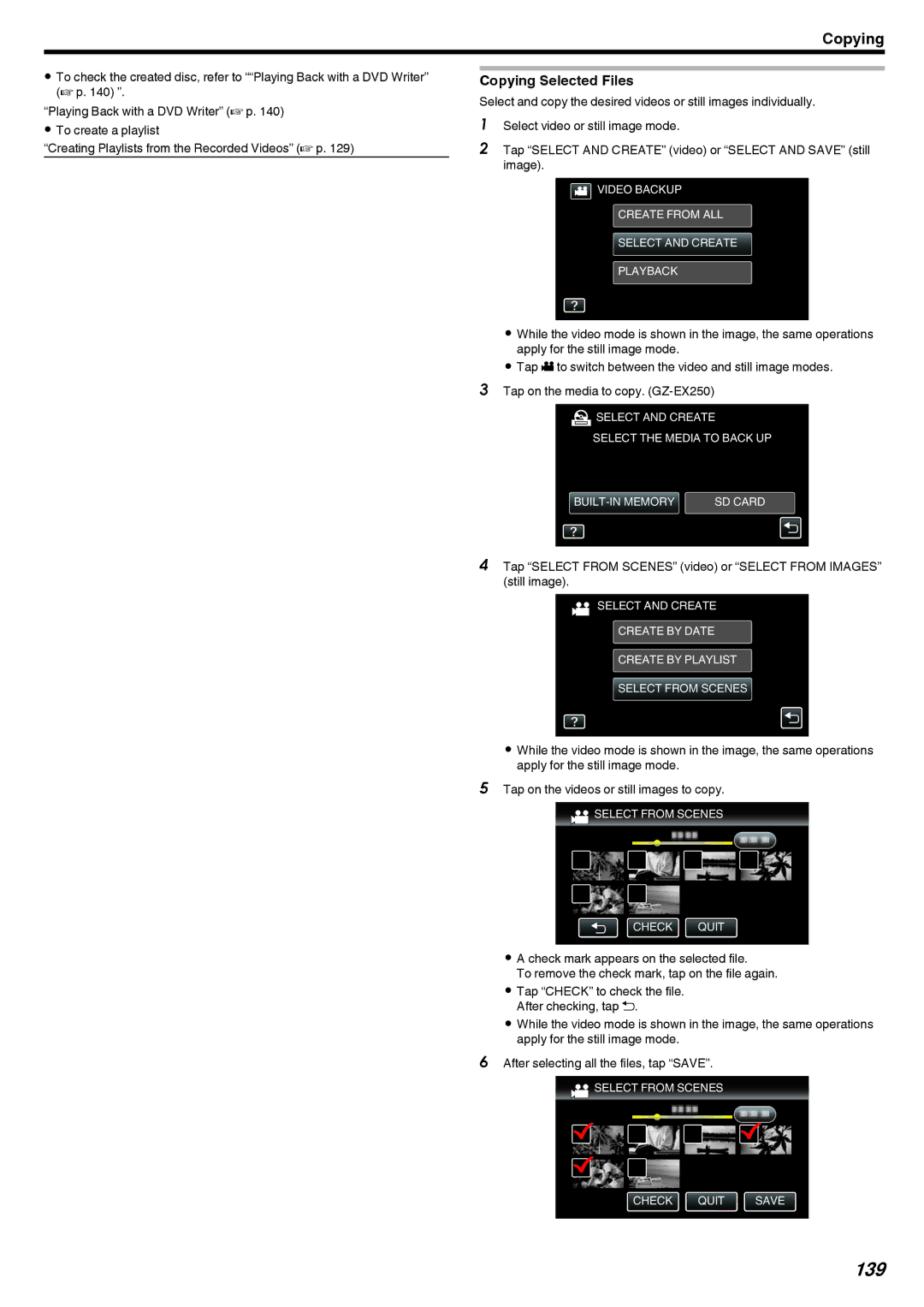 JVC GZ-EX250, GZ-EX210, GZ-EX215 manual 139, Copying Selected Files 