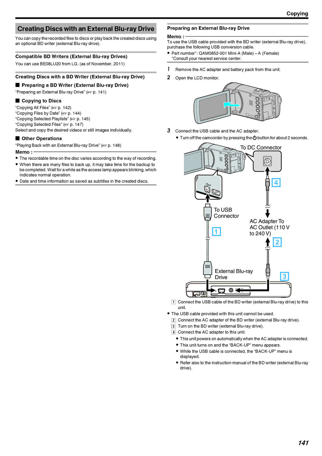 JVC GZ-EX210, GZ-EX250 Creating Discs with an External Blu-ray Drive, 141, Compatible BD Writers External Blu-ray Drives 